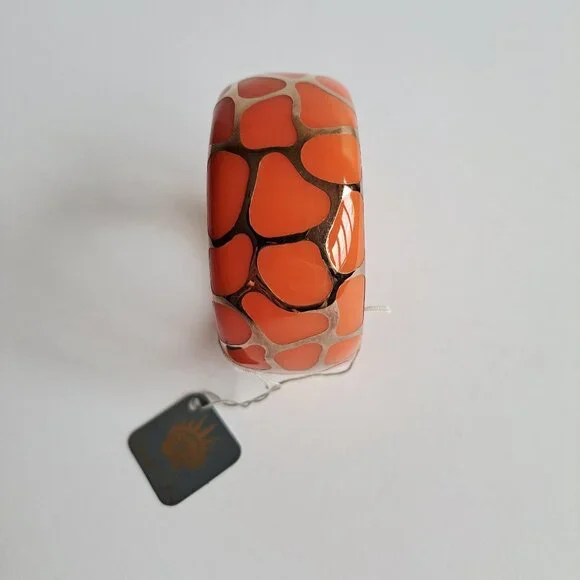 New Angelique De Paris 925 Gold Platted Coral Leopard Print Wide Bracelet - Picture 3 of 16